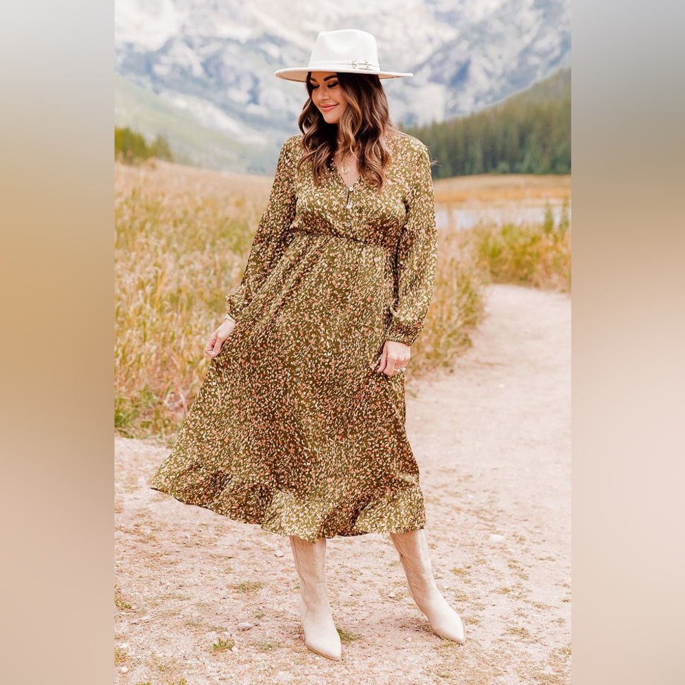 Amber Massey x Pink Lily Annie Olive Midi Dress